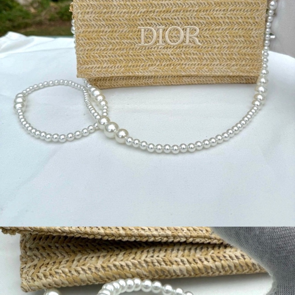 Dior Beige Woven Crossbody Bag with Pearl Detail